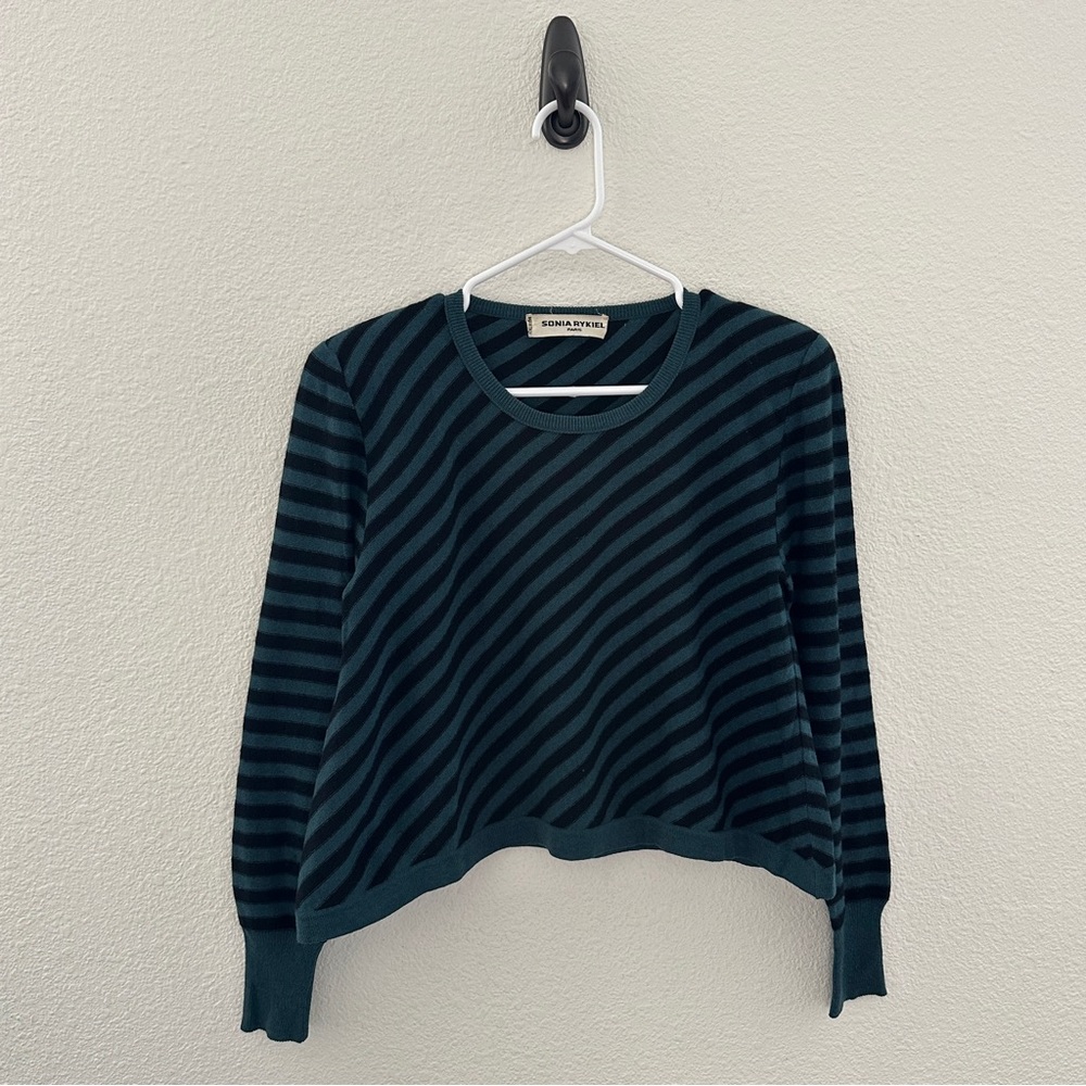 Sonia Rykiel‎ Paris Striped Cropped Wool Sweater Made in Italy Teal Black 42